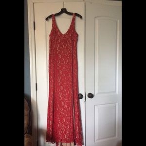 BCBG Beautiful Red Lace Floor Length Gown